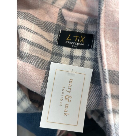 New Women's Size Large Pink Plaid Soft Button Up Oversized Jacket Hip Length - Picture 2 of 6